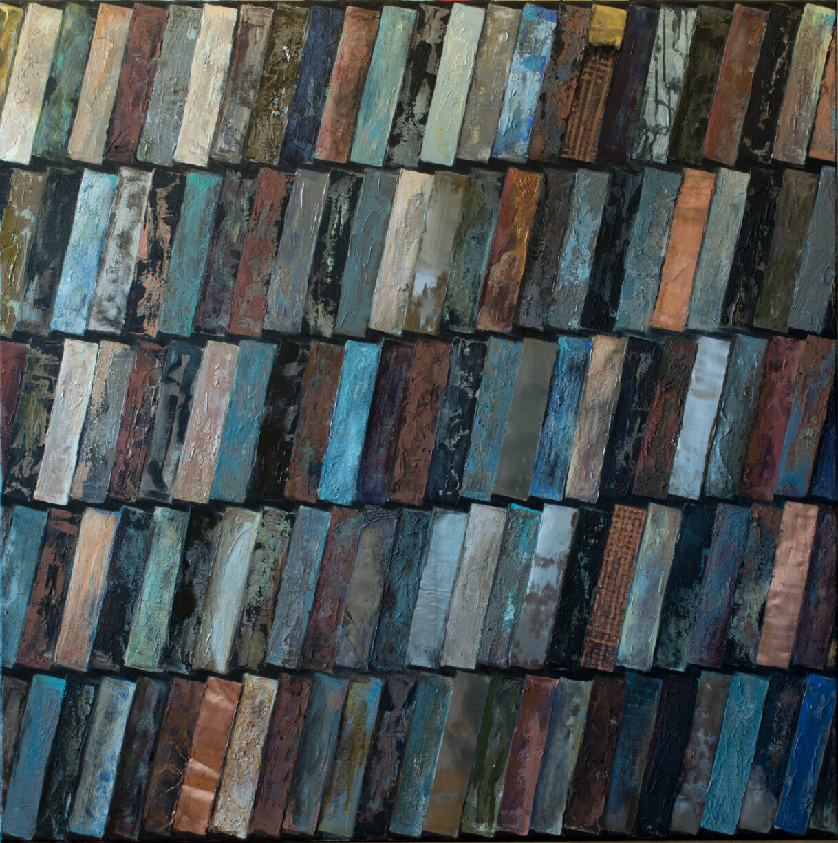 Pasiremiant ant griūvančios, 2026 · 120 × 120 cm · mišri technika, metalo koliažas, drobė